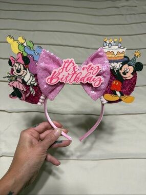 Disney Pink Sequin "It's My Birthday" Minnie & Mickey Ear Headband